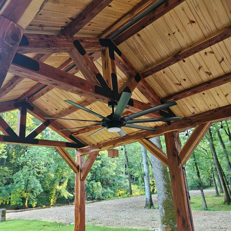 Underside view of Cypress pavilion trusses with steel plating