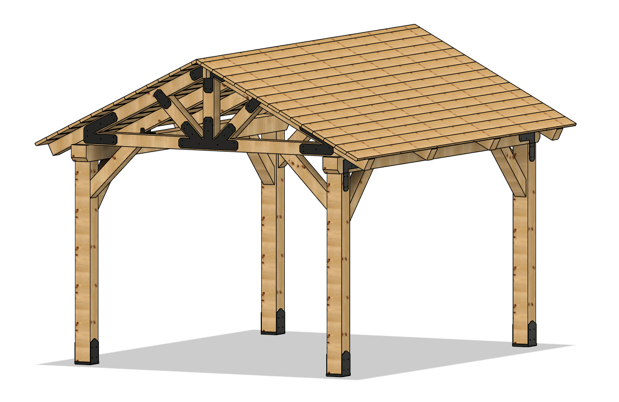 3D rendering of 12×16 Timber Frame Solutions pavilion kit, angle view.