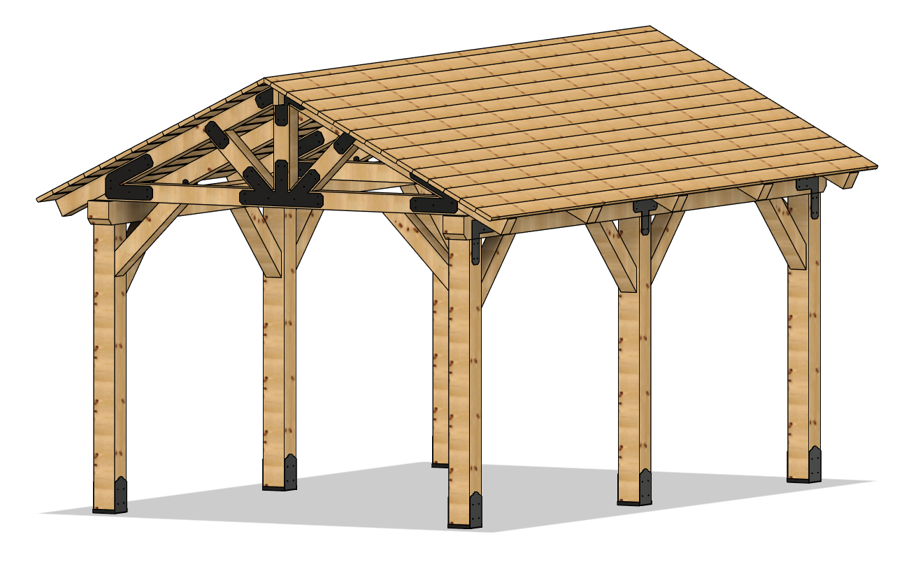 3D rendering of 12×20 Timber Frame Solutions pavilion kit, angle view.