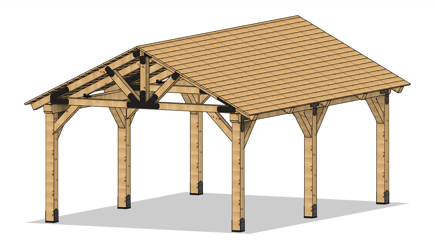 3D rendering of 16×24 Timber Frame Solutions pavilion kit, angle view.