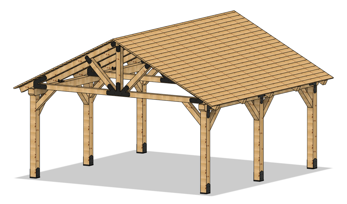 3D rendering of 20×20 Timber Frame Solutions pavilion kit, angle view.